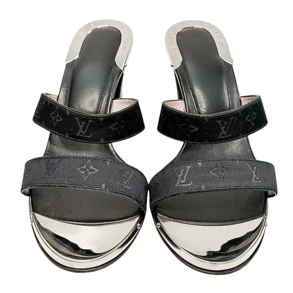 Louis Vuitton Monogram Fabric Mule Slide Sandals Block Heel EU 36 US 6 Authentic